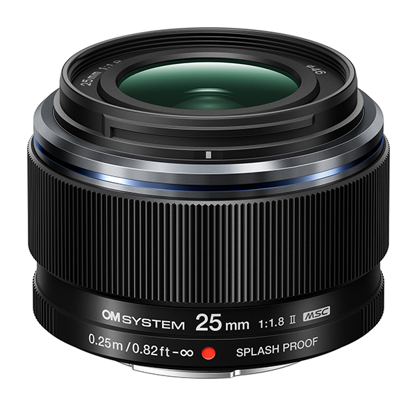 This is a photo of the OM SYSTEM M.ZUIKO DIGITAL 25mm F1.8 II lens on a white background.
