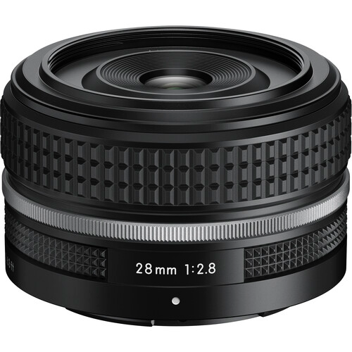 Compact wide-angle Nikon Z-mount prime lens with f/2.8 aperture for travel and street photography