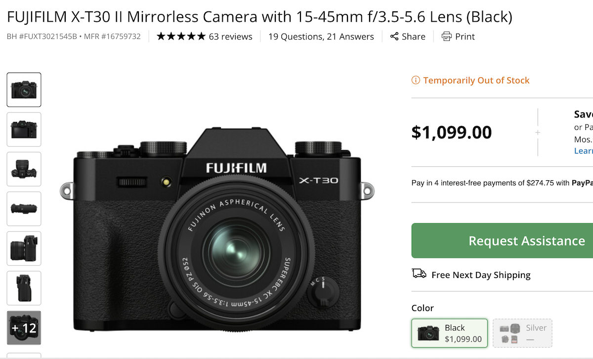 Fujifilm X-T30 II mirrorless camera listed as out of stock on B&H