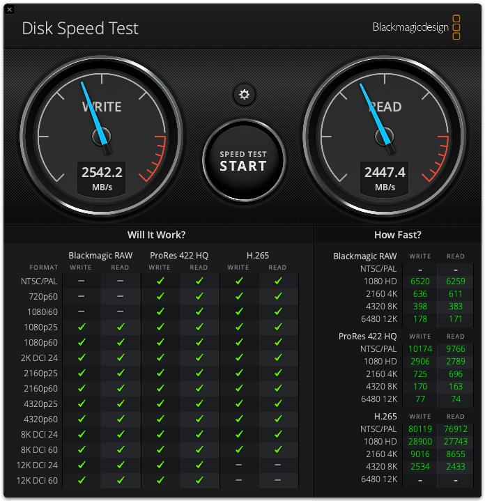 performance gauges on the BlackMagic speed test app