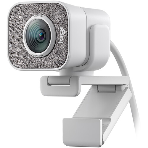 Logitech StreamCam full HD webcam in white with USB-C connectivity, AI facial tracking, and flexible clip mount for smooth 1080p/60fps streaming