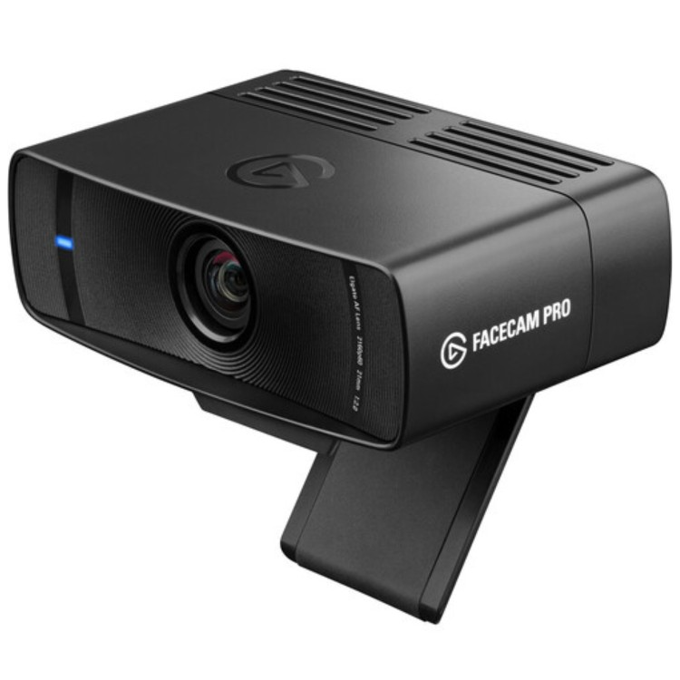 Elgato Facecam Pro, a high-definition webcam with wide-angle lens, black body, and adjustable mount for monitors or tripods