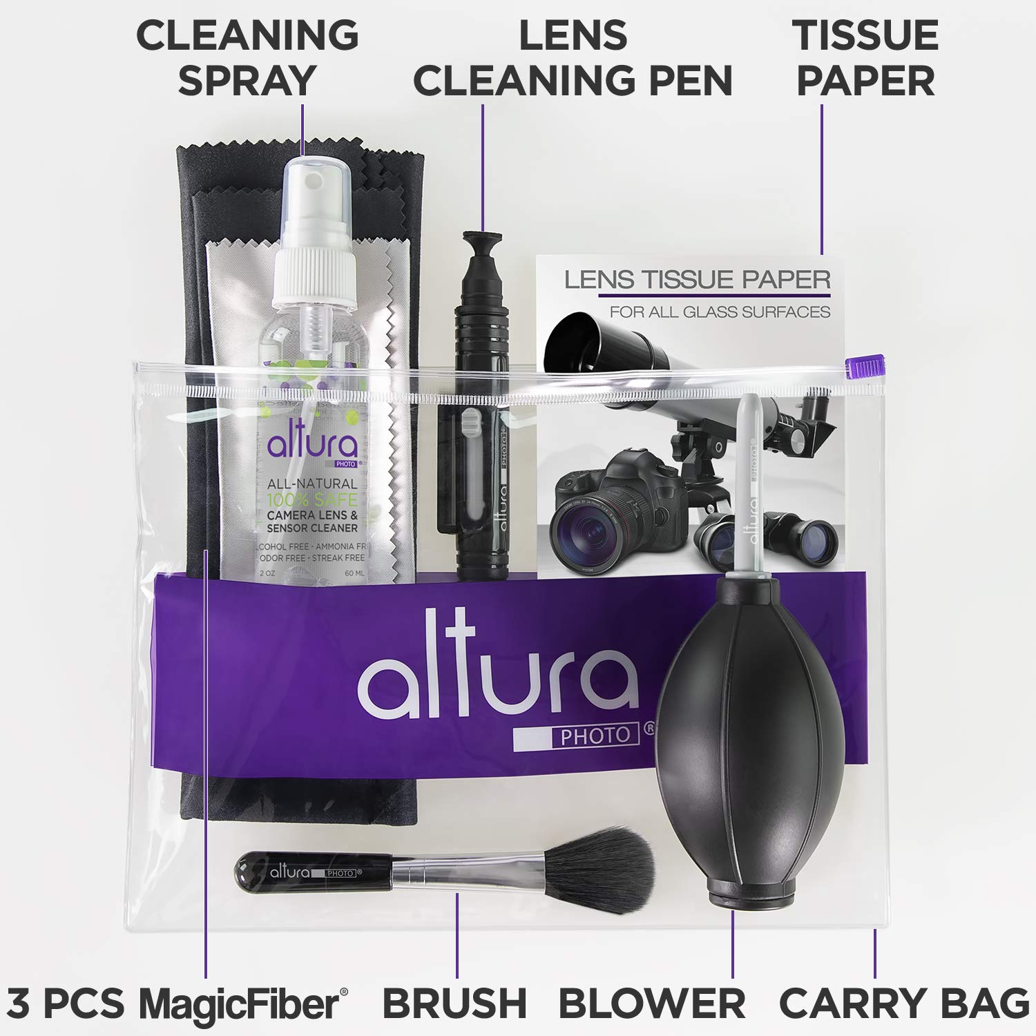 A product photograph of an Altura Photo Professional Cleaning showing a cleaning spray, a lens cleaning pen, a lens tissue paper box, a magic fiber, a brush, a blower, and a carry bag