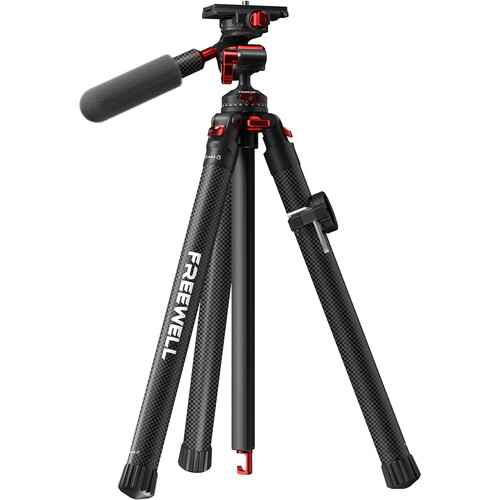 A photograph of a black Freewell Real Travel Tripod with the company's logo printed. 