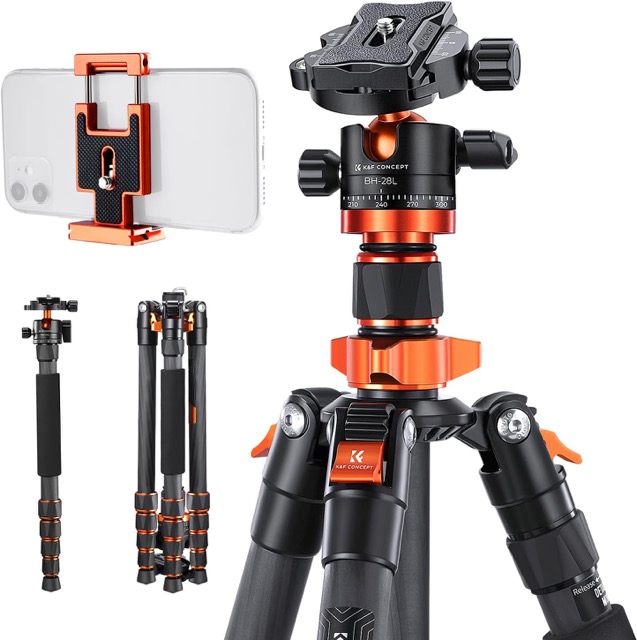 Product shot of a K&F Concept Tripod in various configuration on a white background.