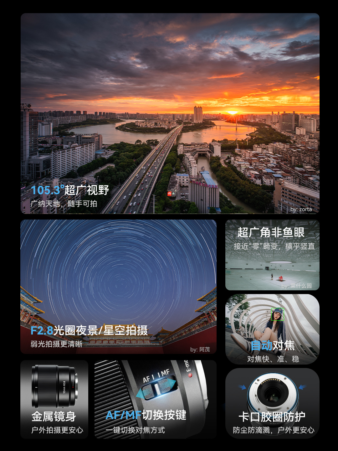 A group of 7 sample photos captured with the 7Artisans 10mm f/2.8 lens, including a large image of a cityscape with the sun setting in the background and a night image with curved star trails, against a black background.