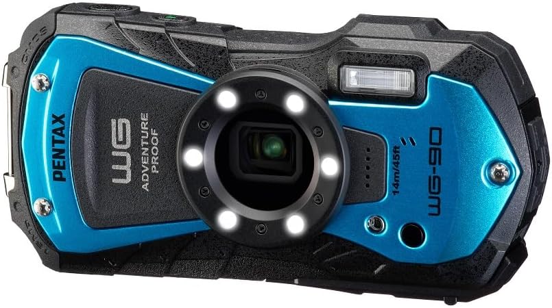 A photograph of a Blue Ricoh WG-90 taken from Amazon