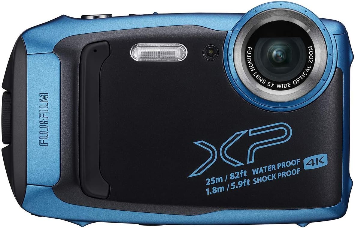A photograph of a Black FinePix XP140 with specs written over the it. The photo is taken from Amazon.