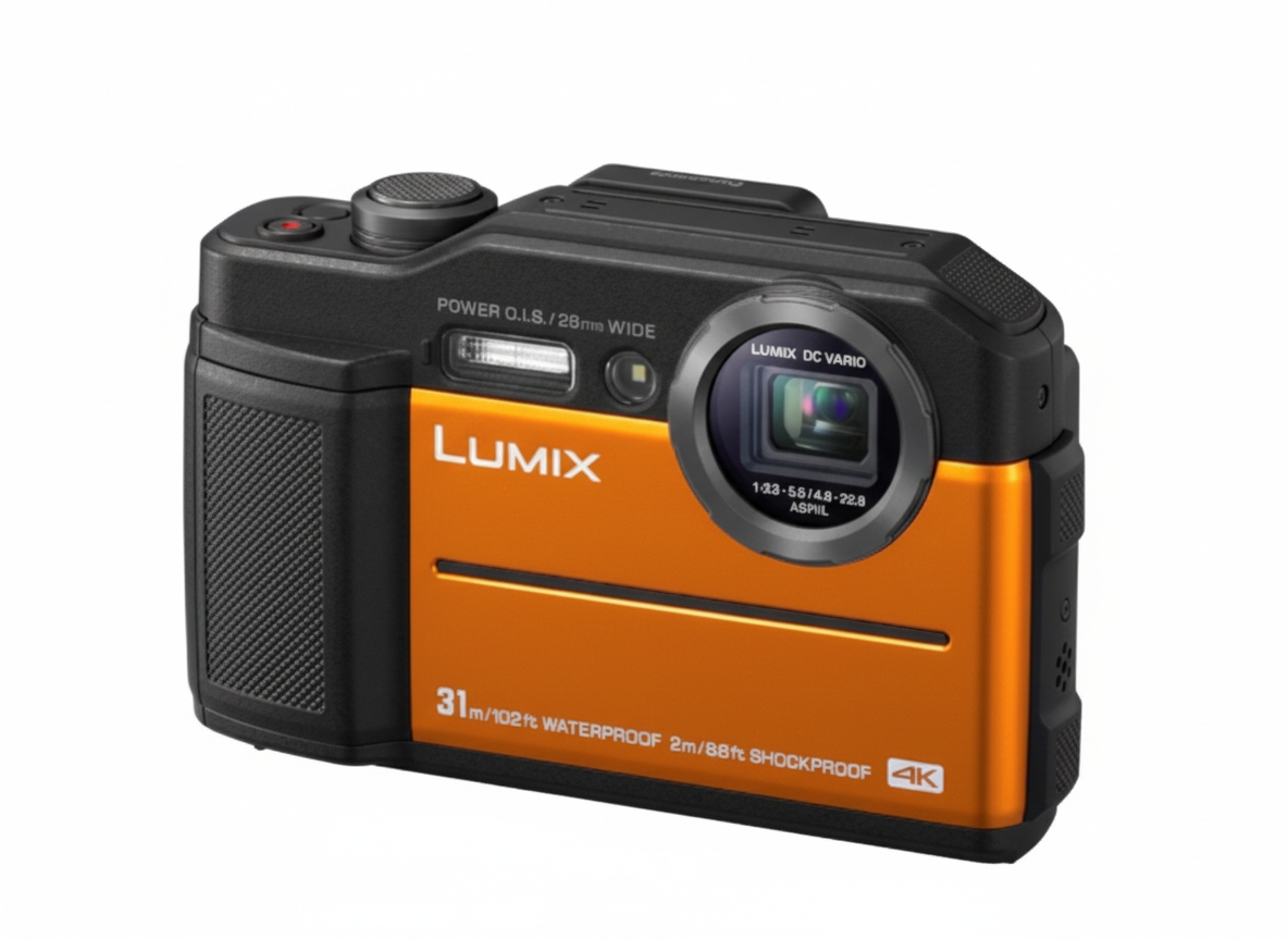 A three-quarter view of the Panasonic Lumix FT7 camera, colored orange and black.