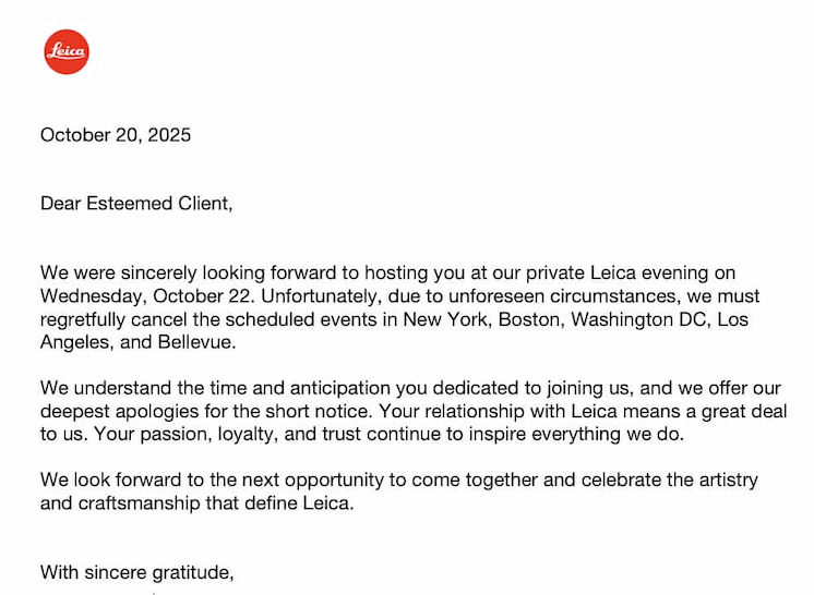 Leica event cancellation letter sent to clients shared by Leica Rumors.