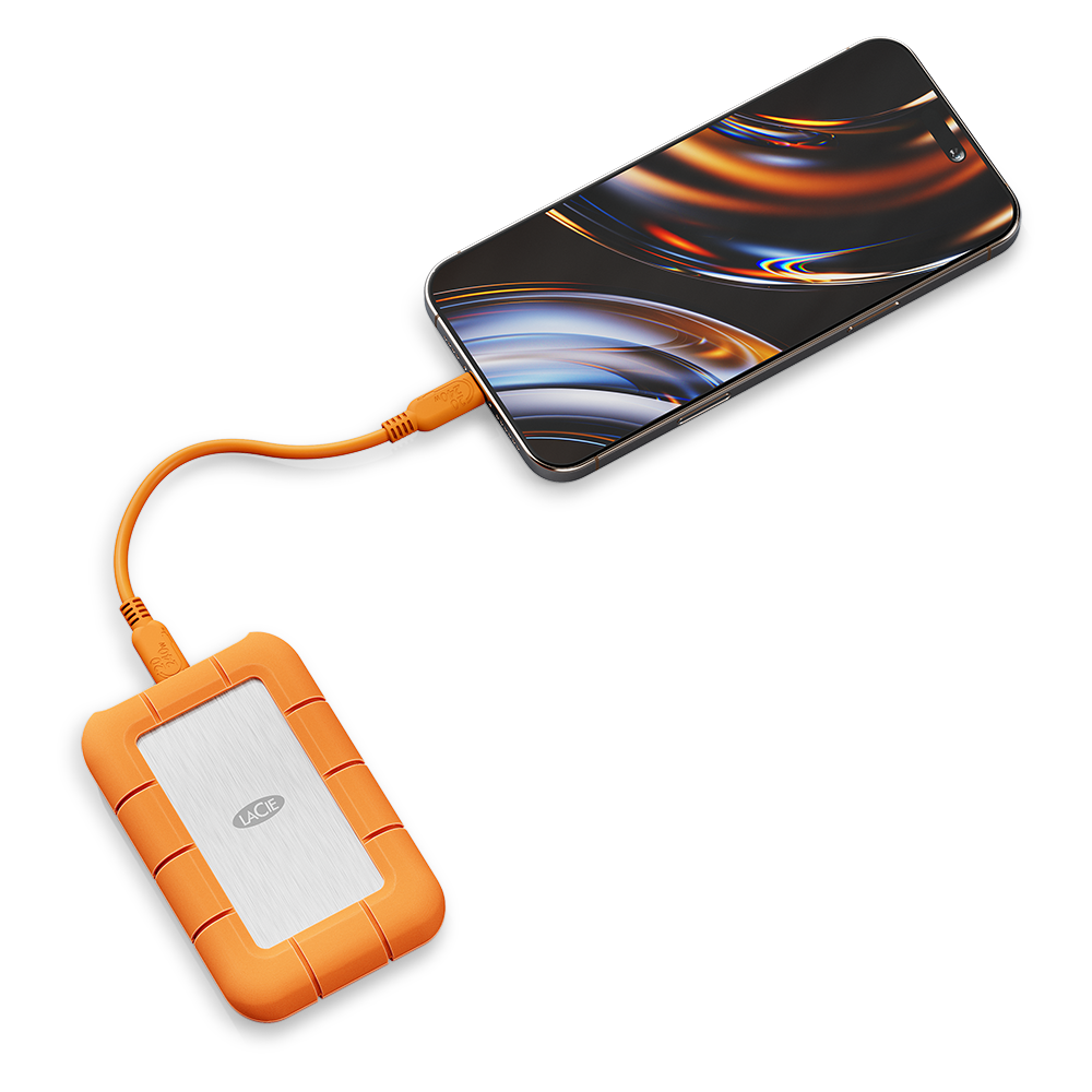 The LaCie Rugged SSD4 connected to an iPhone. 