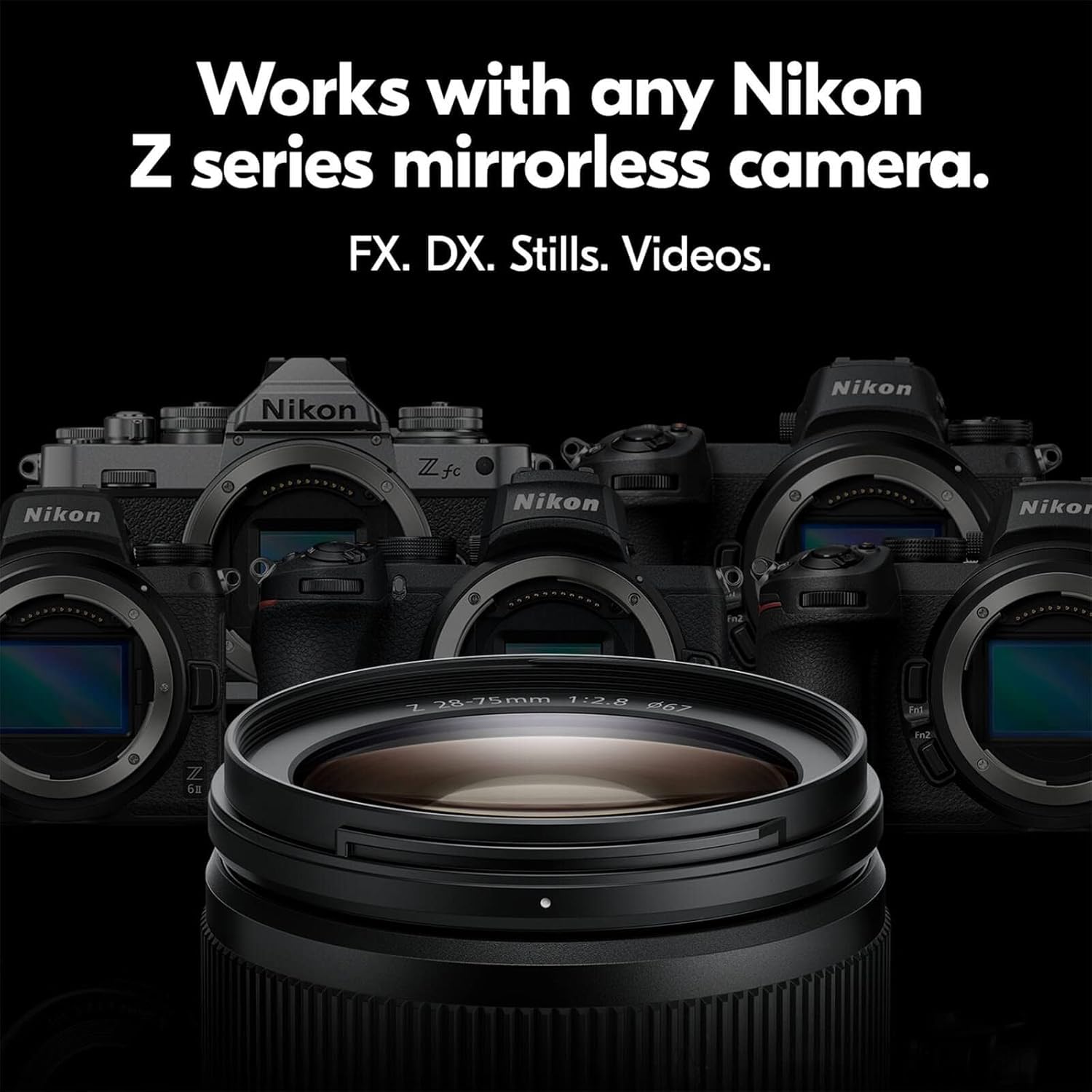 Nikon NIKKOR Z 28-75mm f/2.8 advertisement showing how it works with a variety of Nikon Z cameras. It is taken from Amazon.