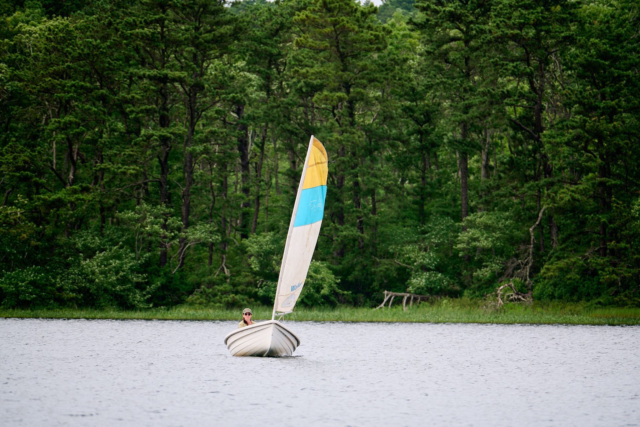 A woman piloting a sailboat on a pond.