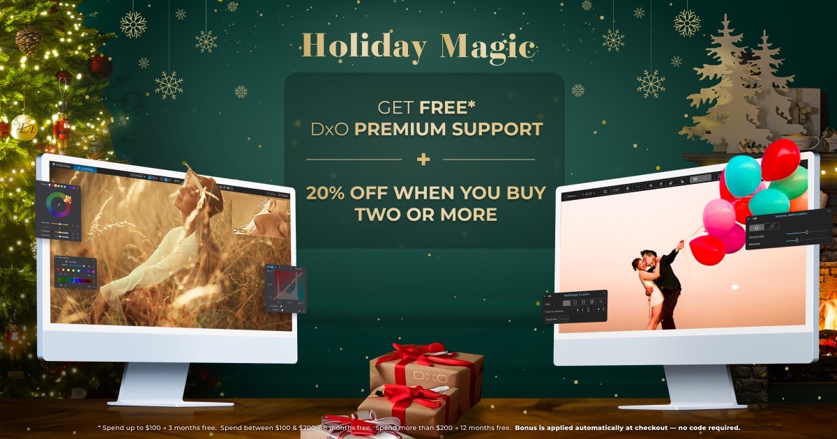 A holiday promotional banner for DxO software.