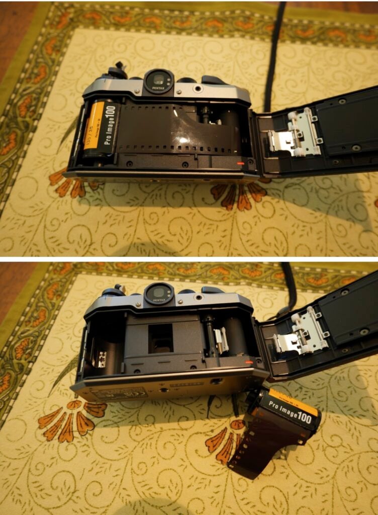 The Pentax 17 with the film compartment open and a cansiter of film.