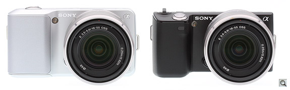 With the silver against the black, it's hard to tell how much smaller the NEX-5 is