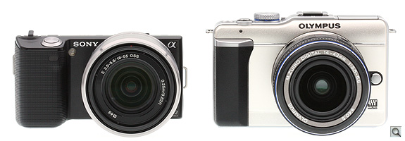 The Sony NEX-5 is dramatically smaller than the slightly lower-priced Olympus E-PL1, at least from the