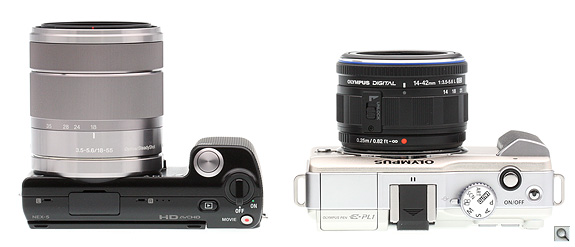 Olympus doesn't gain much advantage over the NEX-5 with their collapsible lens, especially considering its loose