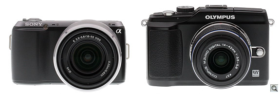 The Sony NEX-C3 is quite a bit smaller than the Olympus E-PL2, though the grips are
