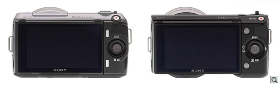 The NEX-5 is a little wider than the NEX-C3. Note also the cutout on the bottom