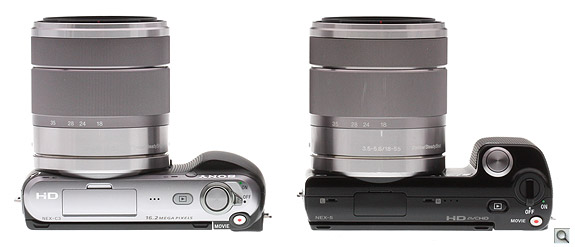 The top view reveals the difference in grip depth. The NEX-C3's shutter button is also much