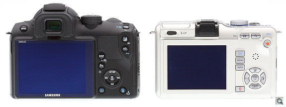 A larger 3-inch display graces the back of the Samsung NX10, while the E-PL1 has a