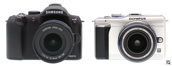 Compared to the Olympus E-PL1, the Samsung NX10 is a little larger, with the hump for
