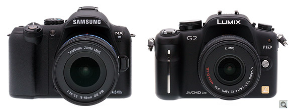 Compared to the Panasonic G2, the Samsung NX10 is a little taller, a little less wide,
