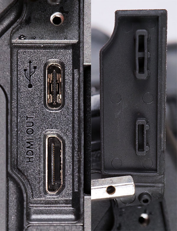 Canon EOS R Review -- At left, the USB and HDMI ports on the EOS R. At right, a closeup of their combined cover flap.