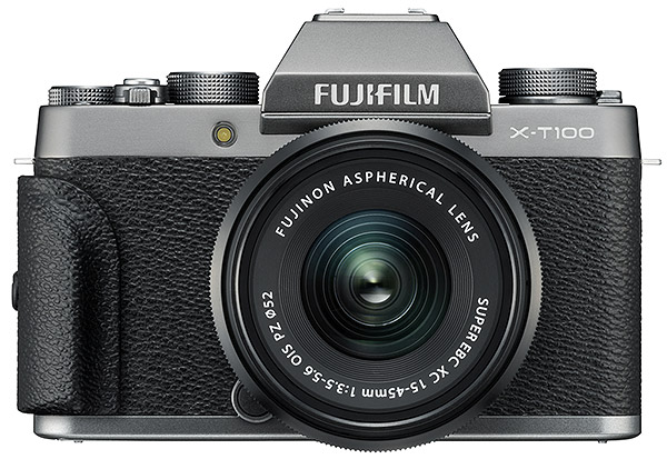 The X-T100 shown here in dark silver with included removable grip attached.