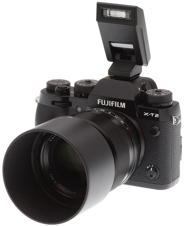 The X-T2 with the included EF-X8 hot-shoe flash unit attached.