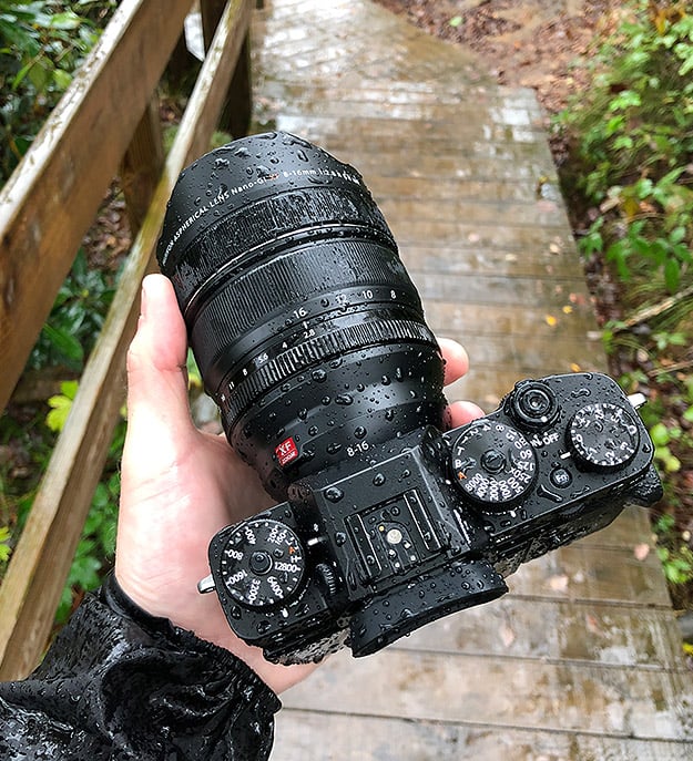 An impromptu rain shower is no problem for the weather-sealed X-T3, though be sure to have