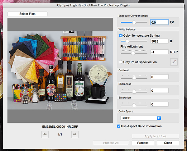 A screen shot of the new Olympus High-Res Shot Raw File Plug-in for Photoshop.