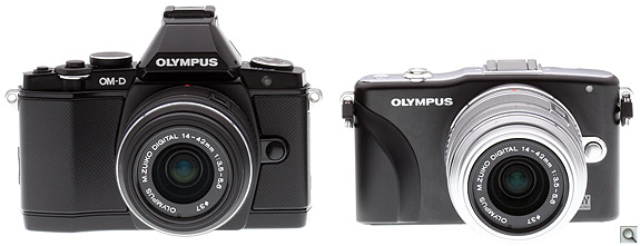 Though they're both pretty small, the Olympus E-M5 is larger than the Pen Mini (E-PM1), shown