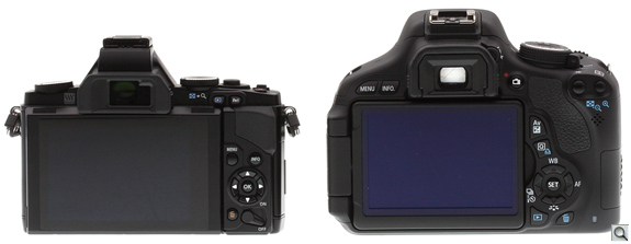 The T3i's side-hinged LCD is more versatile than the E-M5's tilting OLED, but that's not a