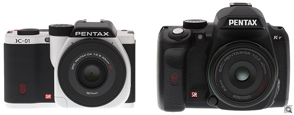 Up against the K-r with the older 40mm pancake lens, it's clear that the K-01 isn't