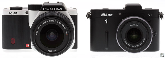 From the front, the Pentax K-01 and Nikon V1 don't seem that different, except for the
