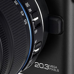 Samsung NX-series cameras use in-lens stabilization. Autofocus performance is manufacturer-rated at around 100 milliseconds, the same