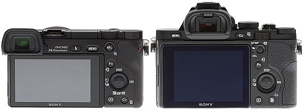The Sony Alpha 6000 (left) is closely resembles the Sony Alpha 7 (right) and 7R in