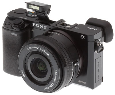 Sony A6000 Review -- Front right with flash